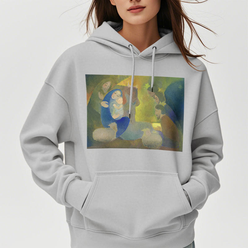 Classic Colored Style Nativity Scene Holy Night Fleece Lined Polyester Hoodie