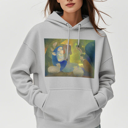 Classic Colored Style Nativity Scene Holy Night Fleece Lined Polyester Hoodie
