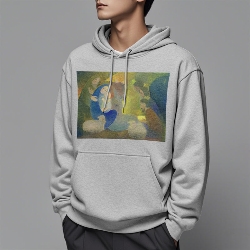 Classic Colored Style Nativity Scene Holy Night Fleece Lined Polyester Hoodie