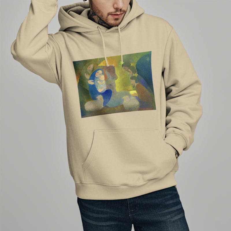 Classic Colored Style Nativity Scene Holy Night Fleece Lined Polyester Hoodie