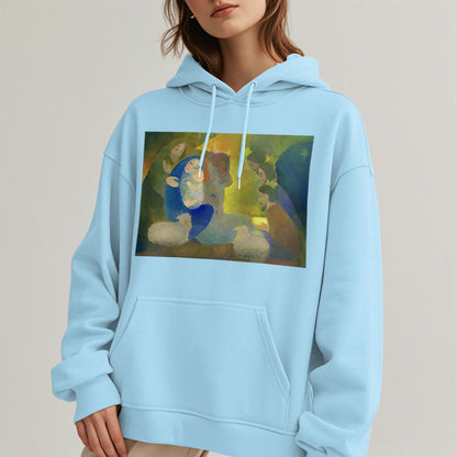 Classic Colored Style Nativity Scene Holy Night Fleece Lined Polyester Hoodie