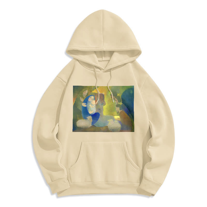 Classic Colored Style Nativity Scene Holy Night Fleece Lined Polyester Hoodie