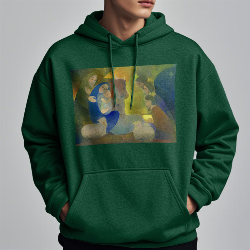 Classic Colored Style Nativity Scene Holy Night Fleece Lined Polyester Hoodie