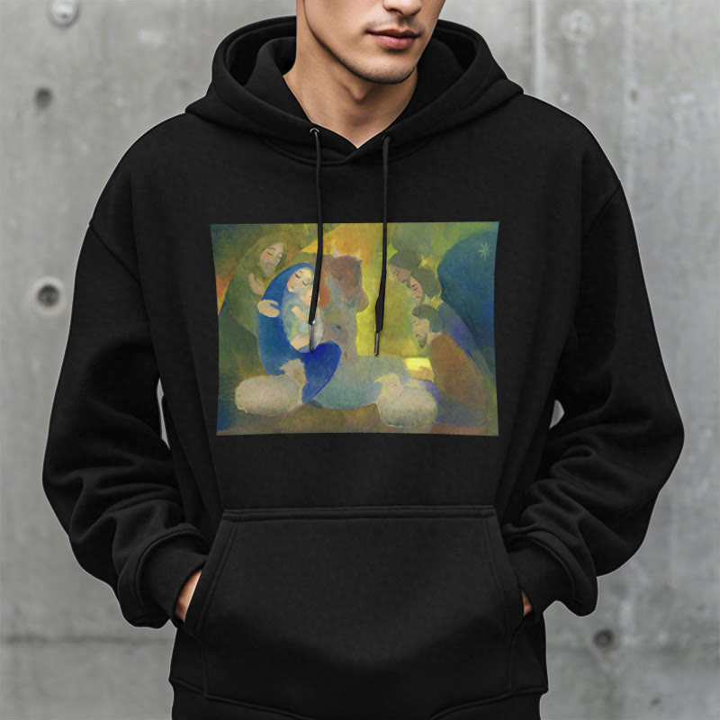 Classic Colored Style Nativity Scene Holy Night Fleece Lined Polyester Hoodie