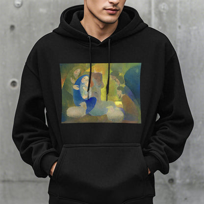 Classic Colored Style Nativity Scene Holy Night Fleece Lined Polyester Hoodie