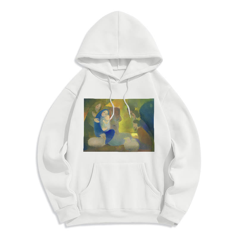 Classic Colored Style Nativity Scene Holy Night Fleece Lined Polyester Hoodie