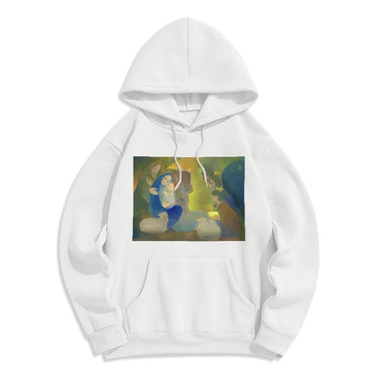 Classic Colored Style Nativity Scene Holy Night Fleece Lined Polyester Hoodie