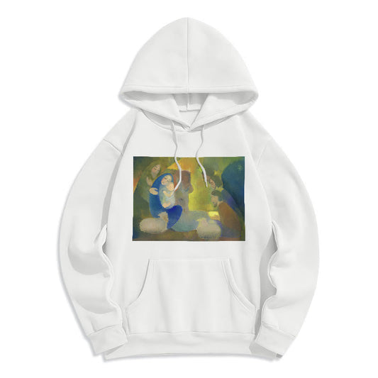 Classic Colored Style Nativity Scene Holy Night Fleece Lined Polyester Hoodie