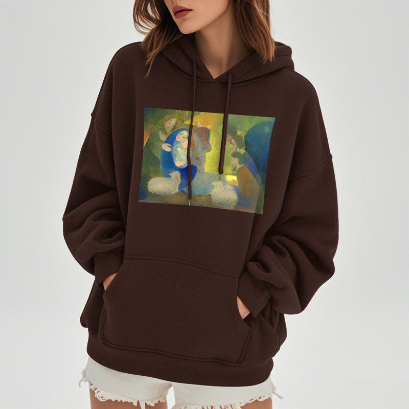Classic Colored Style Nativity Scene Holy Night Fleece Lined Polyester Hoodie