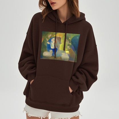 Classic Colored Style Nativity Scene Holy Night Fleece Lined Polyester Hoodie