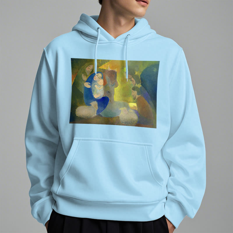 Classic Colored Style Nativity Scene Holy Night Fleece Lined Polyester Hoodie