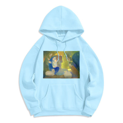Classic Colored Style Nativity Scene Holy Night Fleece Lined Polyester Hoodie