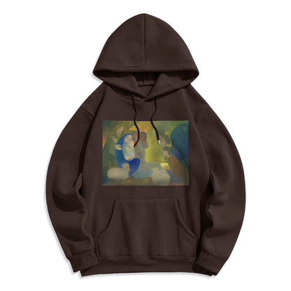 Classic Colored Style Nativity Scene Holy Night Fleece Lined Polyester Hoodie