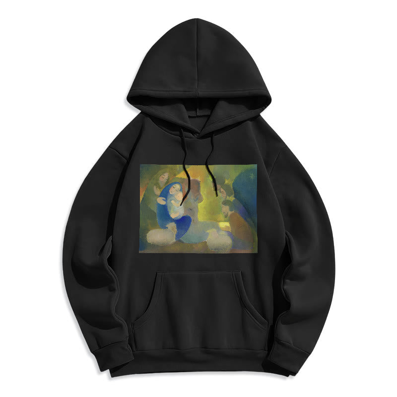 Classic Colored Style Nativity Scene Holy Night Fleece Lined Polyester Hoodie
