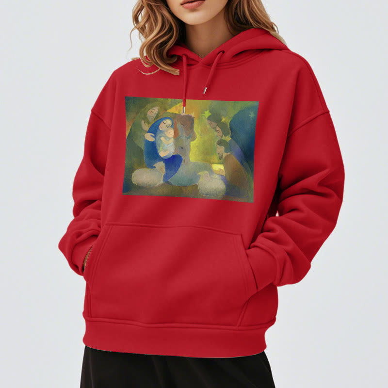 Classic Colored Style Nativity Scene Holy Night Fleece Lined Polyester Hoodie
