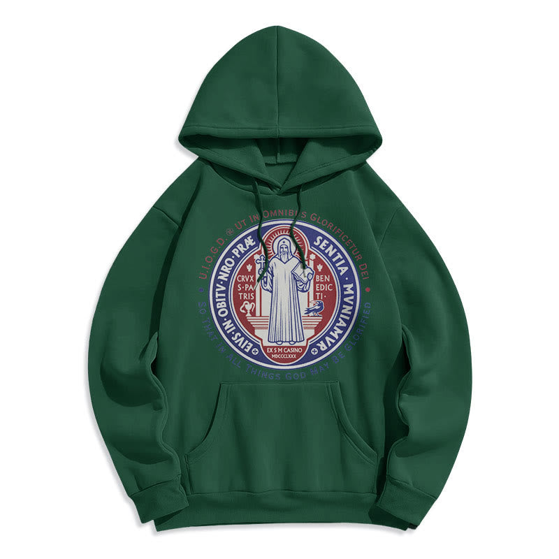 Classic Colored Style St. Benedict Medal Emblem Fleece Lined Polyester Hoodie
