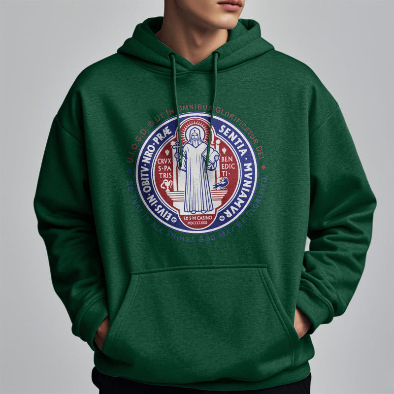 Classic Colored Style St. Benedict Medal Emblem Fleece Lined Polyester Hoodie