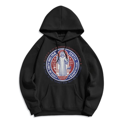 Classic Colored Style St. Benedict Medal Emblem Fleece Lined Polyester Hoodie