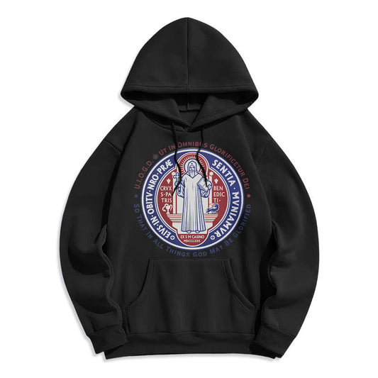 Classic Colored Style St. Benedict Medal Emblem Fleece Lined Polyester Hoodie