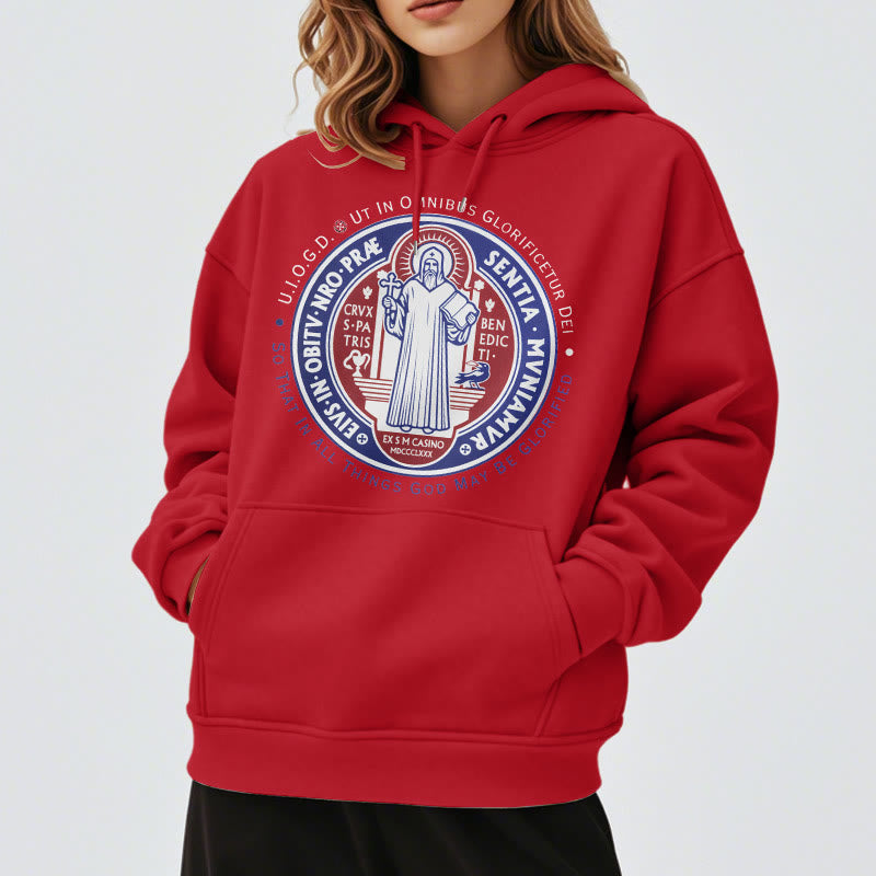 Classic Colored Style St. Benedict Medal Emblem Fleece Lined Polyester Hoodie