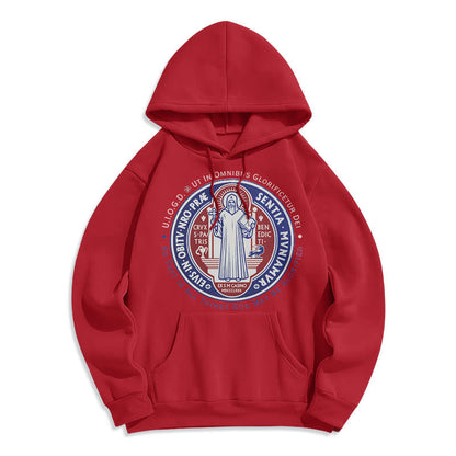 Classic Colored Style St. Benedict Medal Emblem Fleece Lined Polyester Hoodie