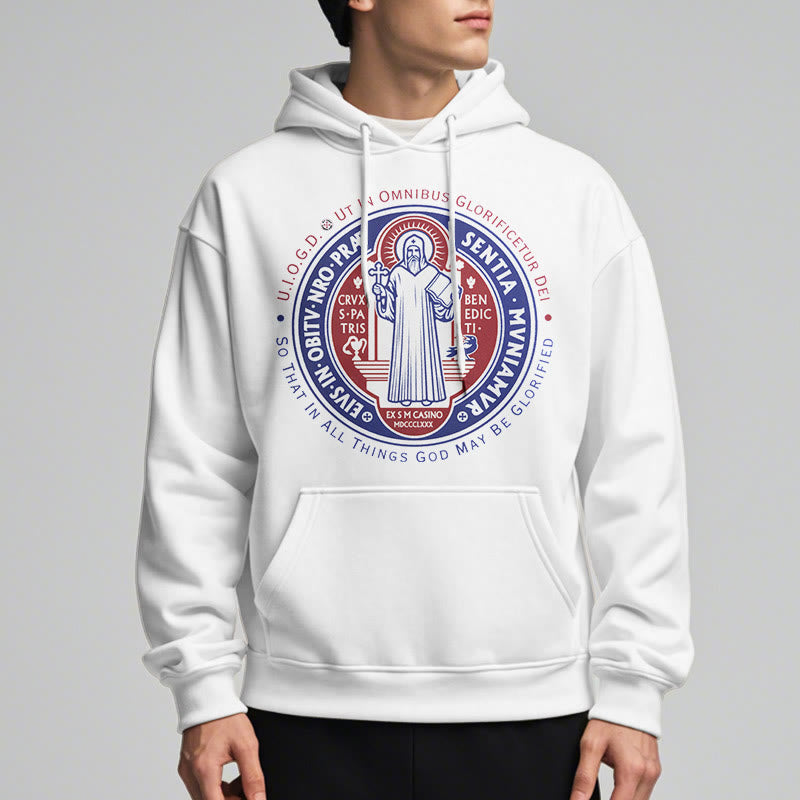 Classic Colored Style St. Benedict Medal Emblem Fleece Lined Polyester Hoodie