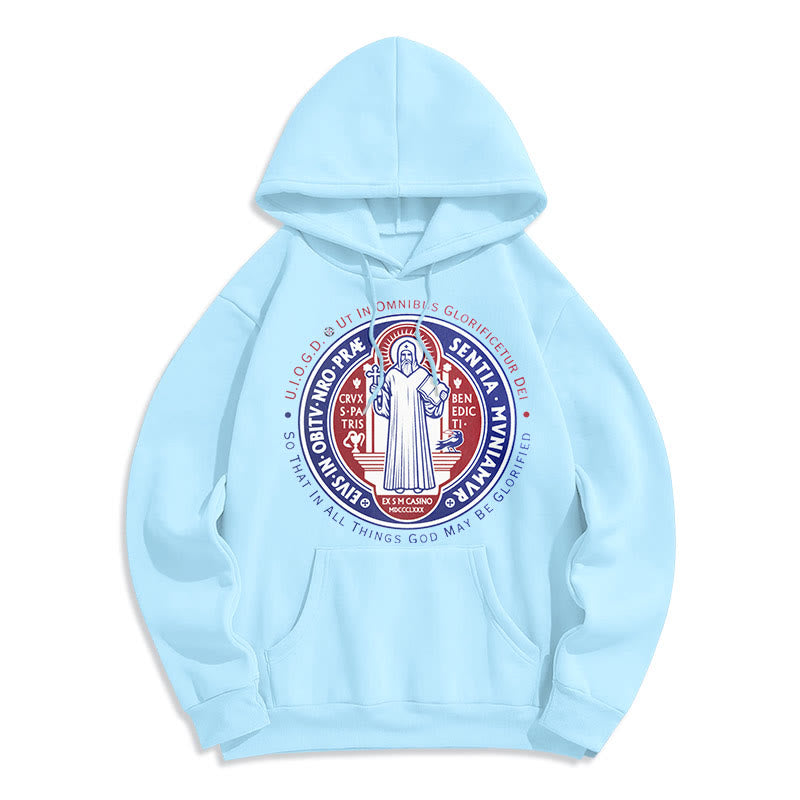Classic Colored Style St. Benedict Medal Emblem Fleece Lined Polyester Hoodie