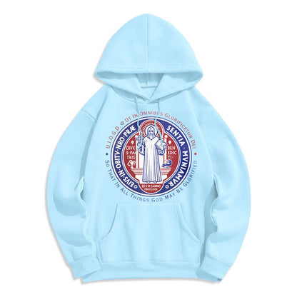 Classic Colored Style St. Benedict Medal Emblem Fleece Lined Polyester Hoodie