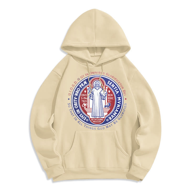 Classic Colored Style St. Benedict Medal Emblem Fleece Lined Polyester Hoodie