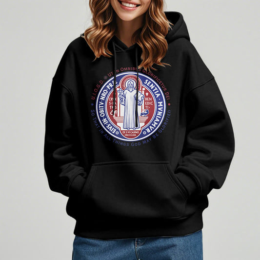 Classic Colored Style St. Benedict Medal Emblem Fleece Lined Polyester Hoodie
