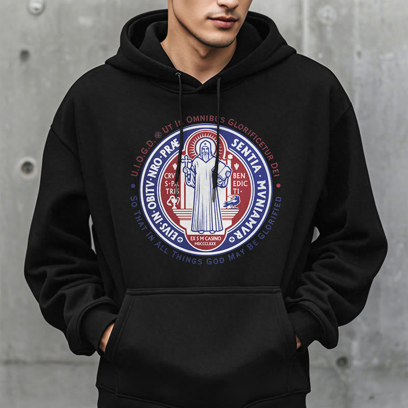 Classic Colored Style St. Benedict Medal Emblem Fleece Lined Polyester Hoodie
