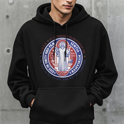Classic Colored Style St. Benedict Medal Emblem Fleece Lined Polyester Hoodie