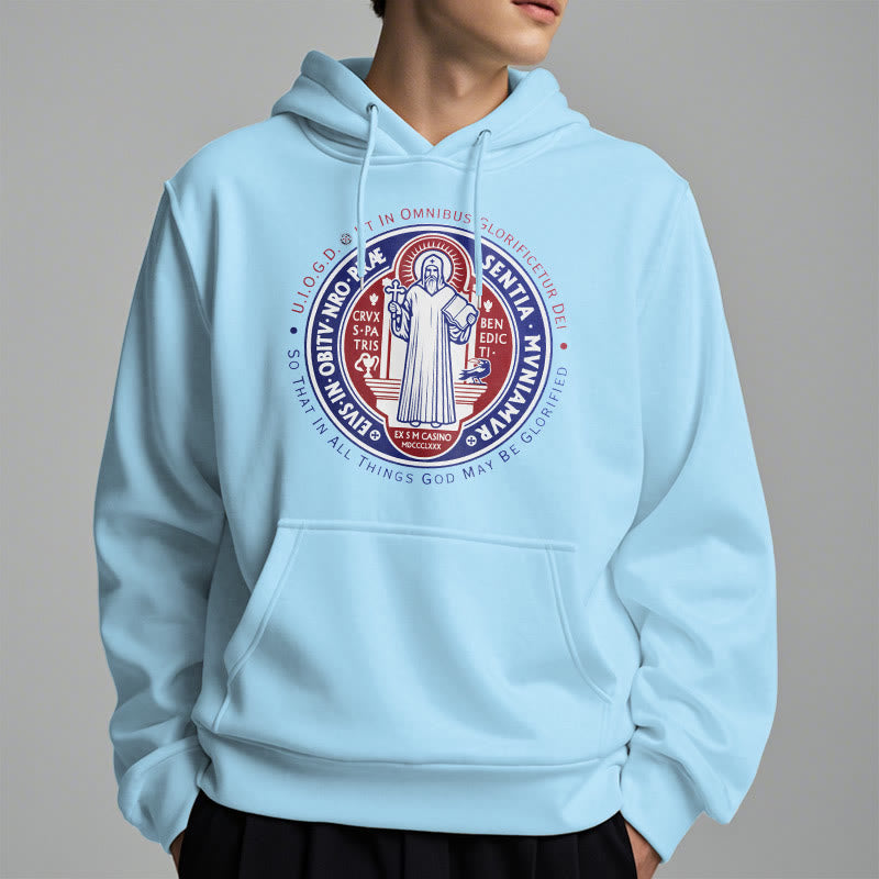 Classic Colored Style St. Benedict Medal Emblem Fleece Lined Polyester Hoodie