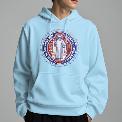 Classic Colored Style St. Benedict Medal Emblem Fleece Lined Polyester Hoodie