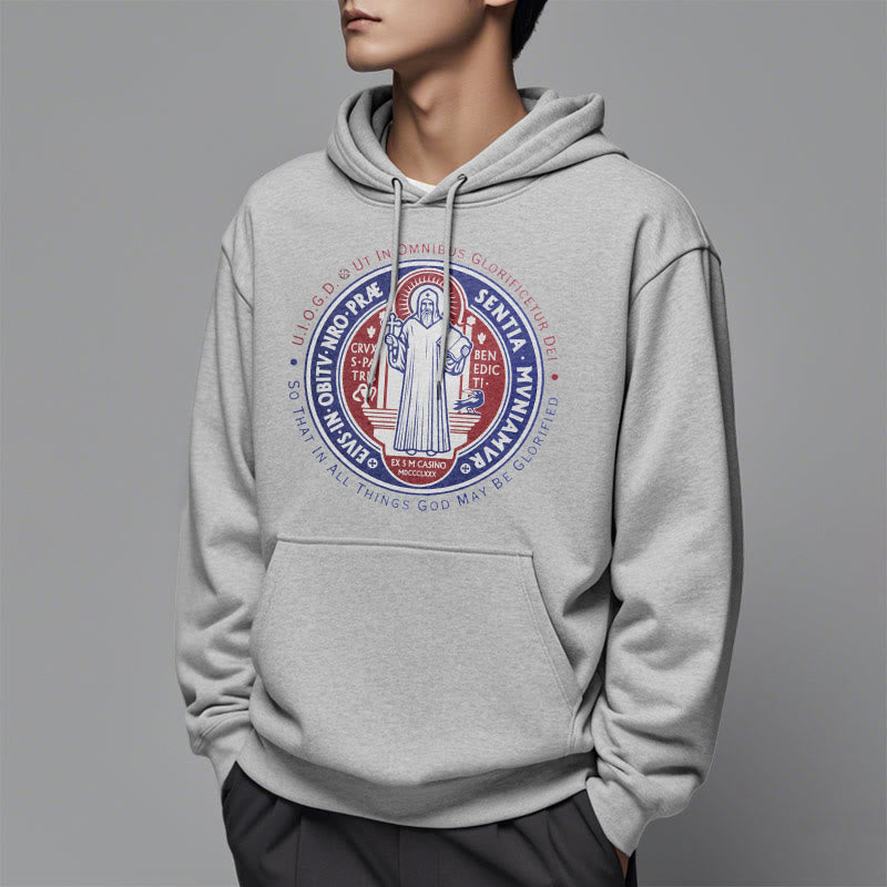 Classic Colored Style St. Benedict Medal Emblem Fleece Lined Polyester Hoodie