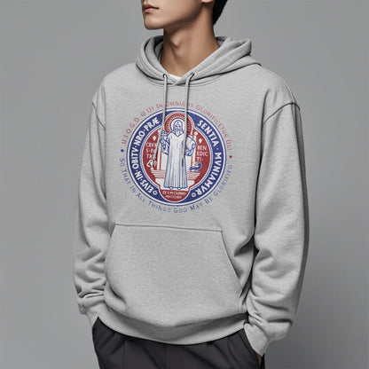 Classic Colored Style St. Benedict Medal Emblem Fleece Lined Polyester Hoodie