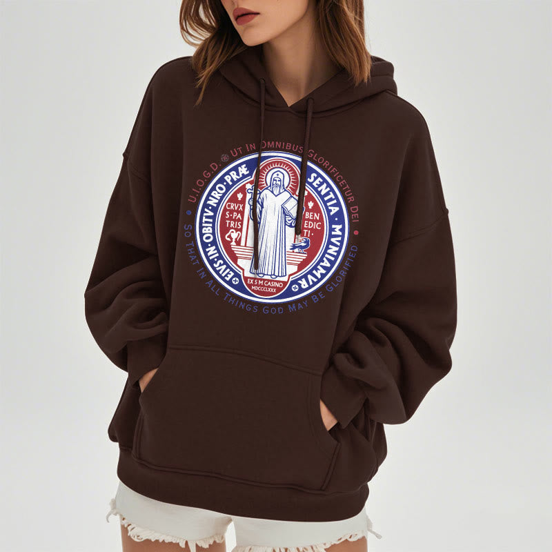Classic Colored Style St. Benedict Medal Emblem Fleece Lined Polyester Hoodie