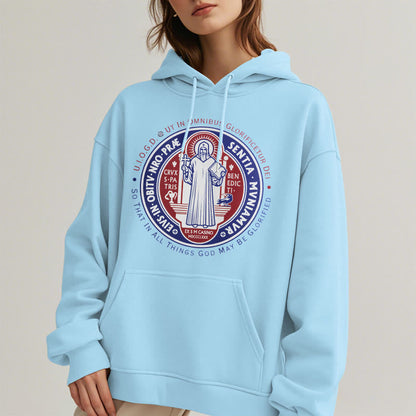Classic Colored Style St. Benedict Medal Emblem Fleece Lined Polyester Hoodie