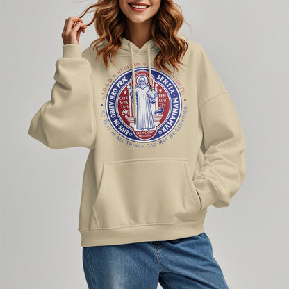 Classic Colored Style St. Benedict Medal Emblem Fleece Lined Polyester Hoodie
