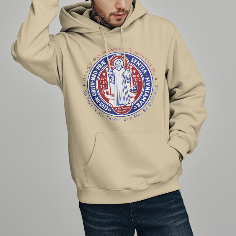 Classic Colored Style St. Benedict Medal Emblem Fleece Lined Polyester Hoodie