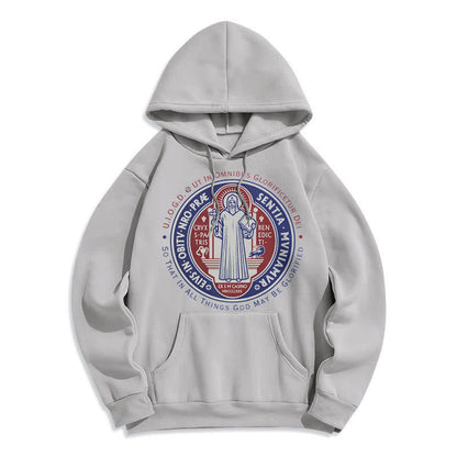 Classic Colored Style St. Benedict Medal Emblem Fleece Lined Polyester Hoodie