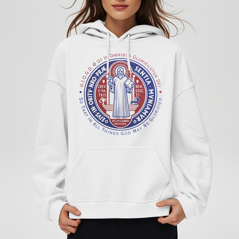 Classic Colored Style St. Benedict Medal Emblem Fleece Lined Polyester Hoodie