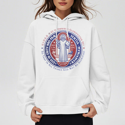 Classic Colored Style St. Benedict Medal Emblem Fleece Lined Polyester Hoodie