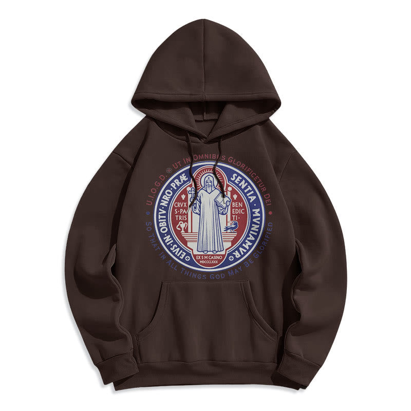 Classic Colored Style St. Benedict Medal Emblem Fleece Lined Polyester Hoodie