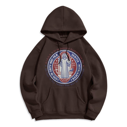 Classic Colored Style St. Benedict Medal Emblem Fleece Lined Polyester Hoodie