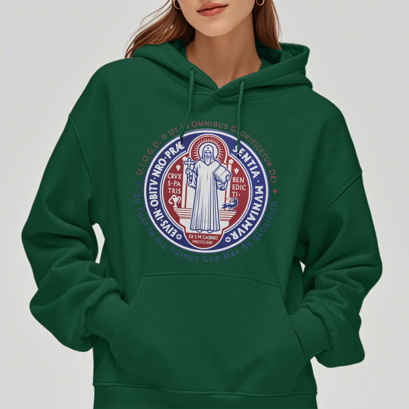 Classic Colored Style St. Benedict Medal Emblem Fleece Lined Polyester Hoodie