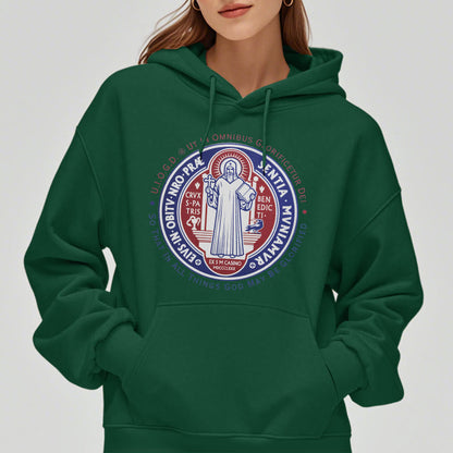 Classic Colored Style St. Benedict Medal Emblem Fleece Lined Polyester Hoodie