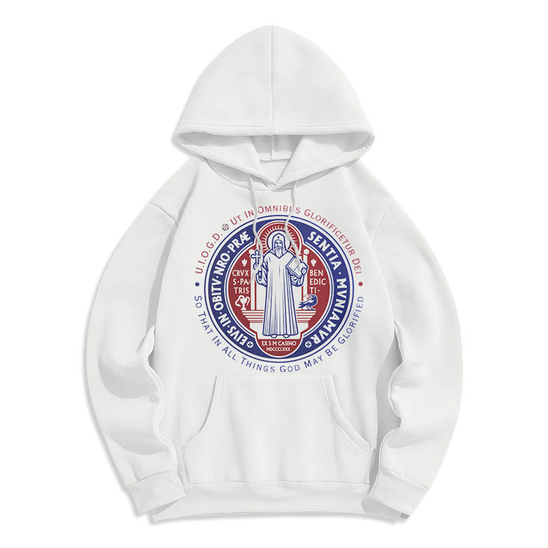 Classic Colored Style St. Benedict Medal Emblem Fleece Lined Polyester Hoodie