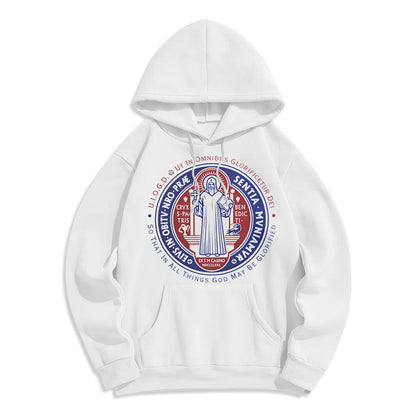 Classic Colored Style St. Benedict Medal Emblem Fleece Lined Polyester Hoodie
