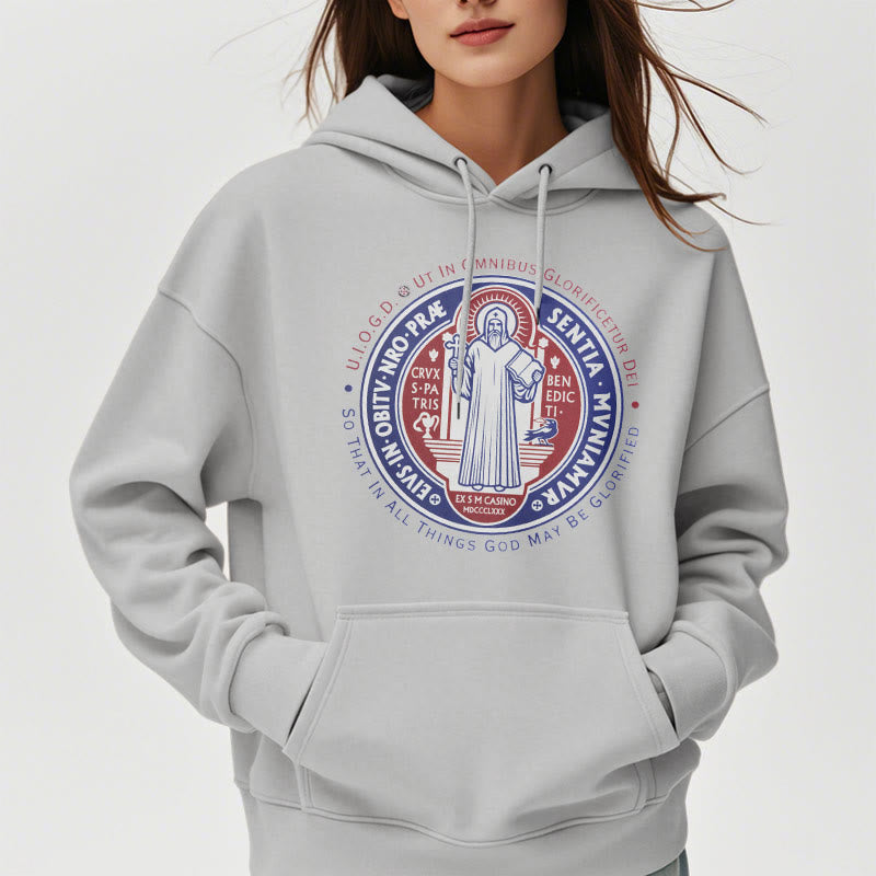 Classic Colored Style St. Benedict Medal Emblem Fleece Lined Polyester Hoodie
